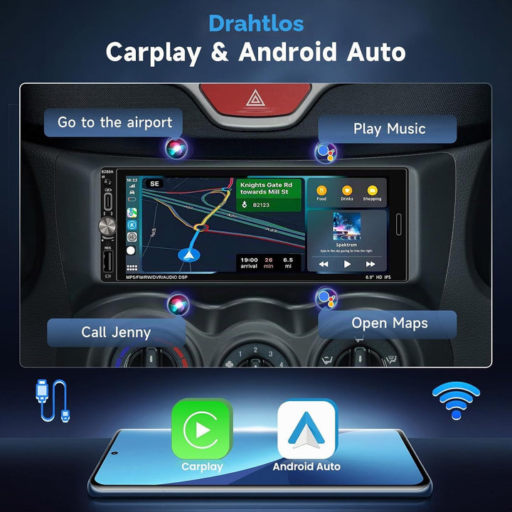 Inefala Android 15 Autoradio 1 Din mit drahtlosem CarPlay und Android Auto, 6,9 Zoll Auto Bildschirm