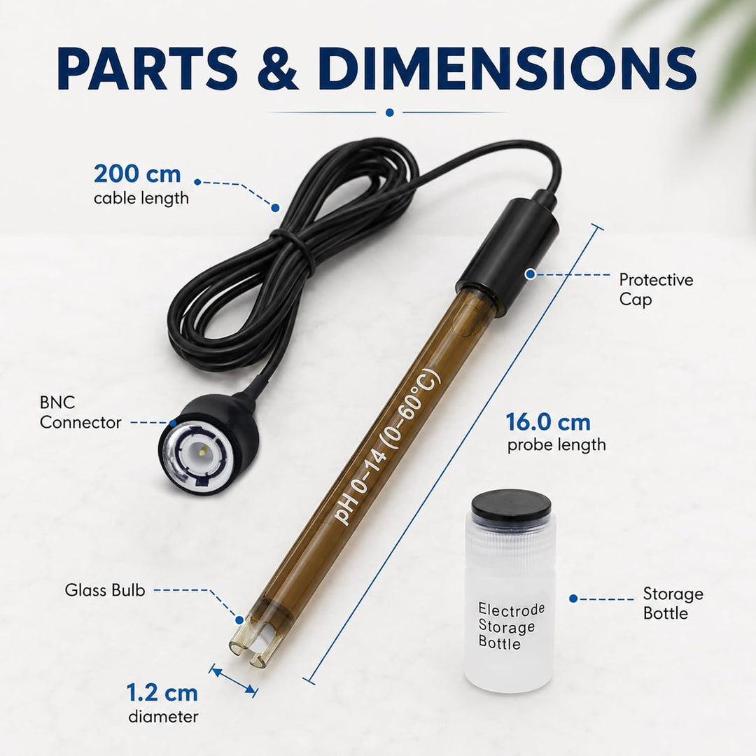 Ersatz pH-Elektrode mit Kalibrierpulver, 0-14 pH, sehr präzise, Sonde mit BNC-Anschluss & 200 cm Kab