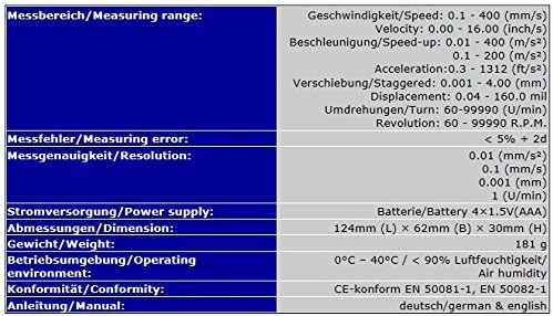 Vibrationsmessgerät Schwingungsmesser Beschleunigung Verschiebung Umdrehungszahl Geschwindigkeit VM3
