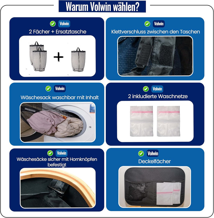 Wäschekorb schwarz 140L – Faltbar & mit Deckel – 2 Fächer + 3 Wäschesäcke & 2 Waschnetze – Aus Oxfor