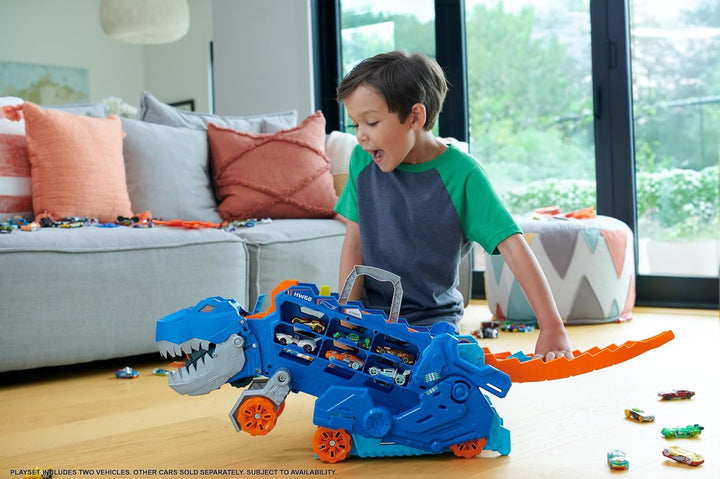 Hot Wheels 2:1 Transporter zu T-Rex mit inkl. Autorennbahn, mit Beleuchtung und Geräuschen & Autoren