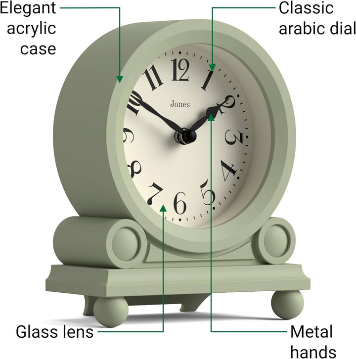 JONES CLOCKS® Maida Vale kaminuhr | Kleine traditionelle schreibtischuhr | Salbeigrün | Hübsch und c