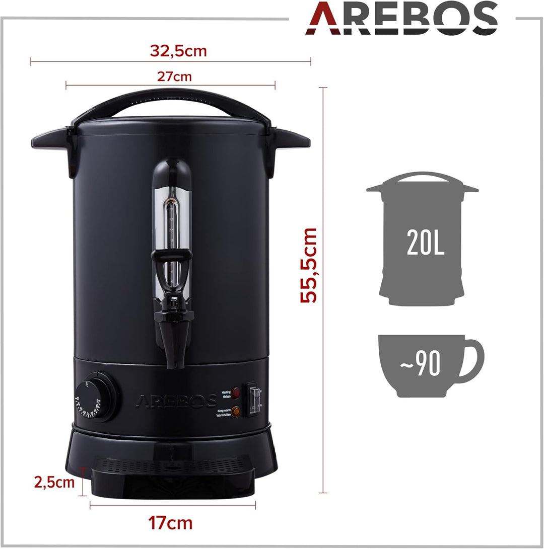 Arebos Glühweinkocher 1650W |Heissgetränkespender| 20L| Auffangschale,Auslasshahn,Thermostat,Überhit