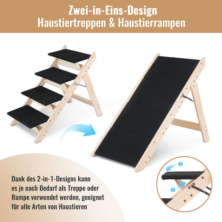 Hunderampe, 4 Stufen, klappbar, 2-in-1 Hundetreppe bis 80 kg Tragfähigkeit 80 Kg 2-in-1, Höhe 65,5 c