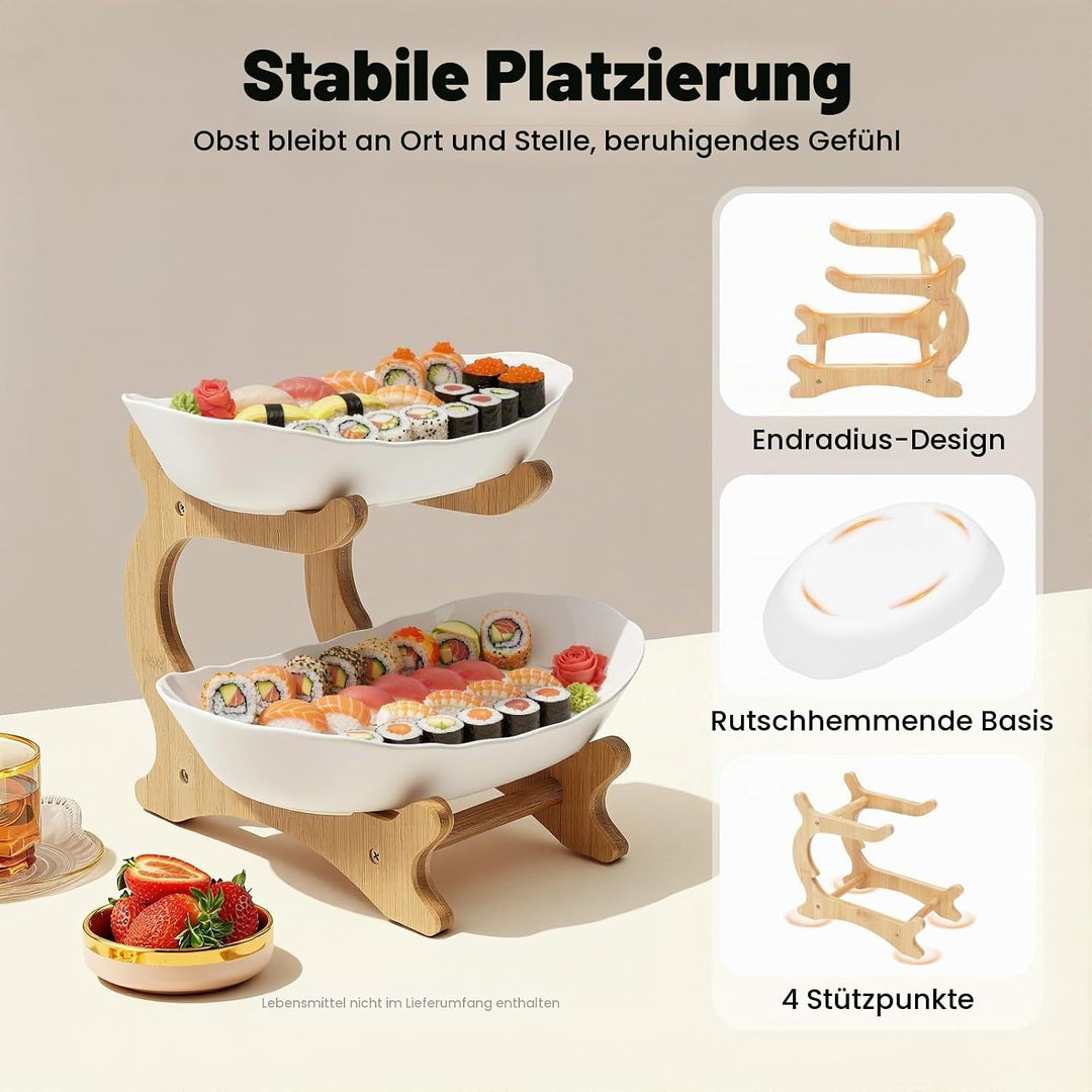 Obstschale Obstserviertablett, brotkorb Bambusholzrahmen, 2 lebensmittelechte PP-Schalen, Frisch und
