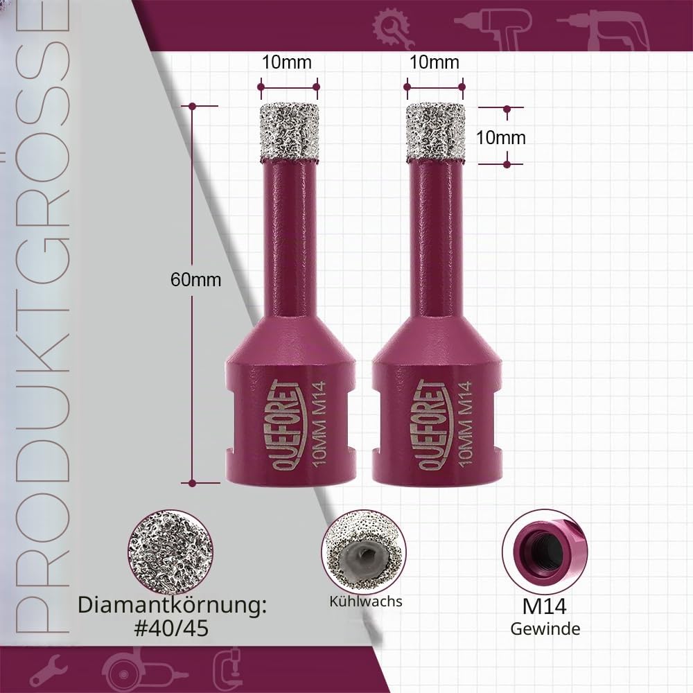 Diamant Fliesenbohrer Set 10mm x M14-2 Stücke Bohrkronen für Fliesen Keramik Porzellan Marmor Granit