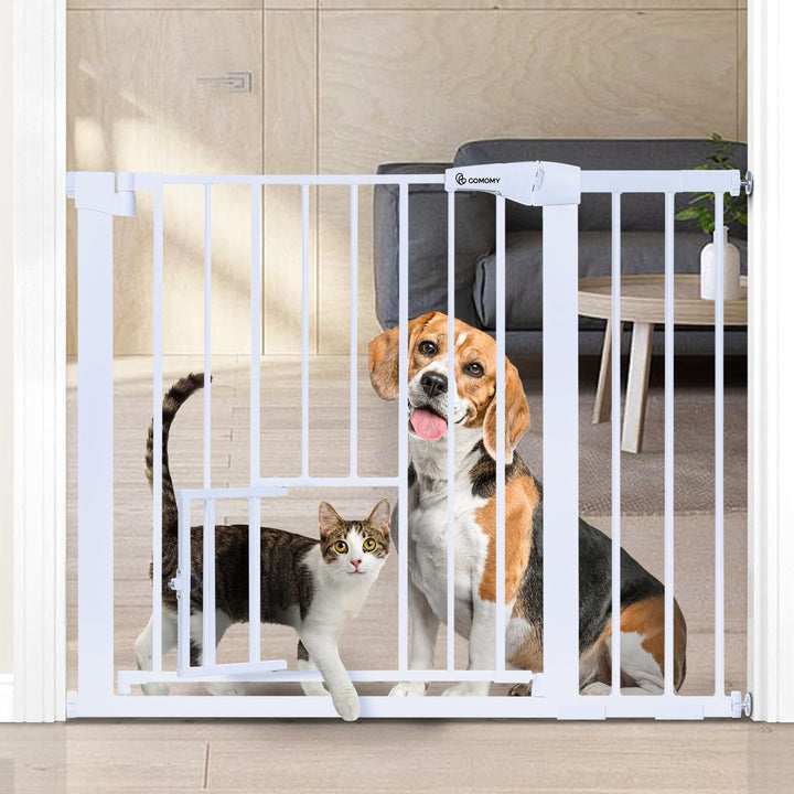 COMOMY Türschutzgitter mit Katzenklappe, 75-103cm Treppenschutzgitter ohne Bohren für Hunde und Katz