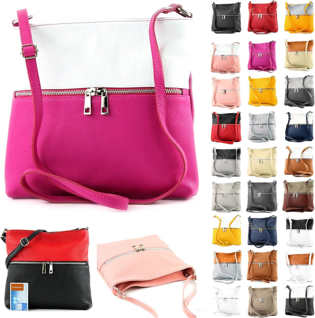 modamoda de - T144 - ital Umhängetasche Schultertasche aus Leder Schwarz/Camel, Schwarz/Camel