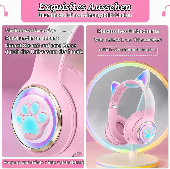 Katzenohr Kopfhörer Kindergeburtstag Geschenke Kind LED Katzenohren Farbgradient Kabellose Bluetooth