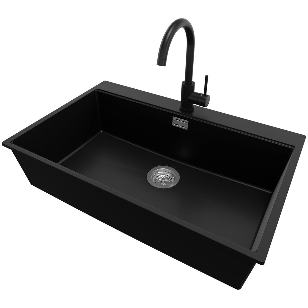 PRIMAGRAN Granitspüle Schwarz 78x50cm, Spülbecken 1 Becken + Ablauf-Set + Küchenarmatur 32x20cm, Küc
