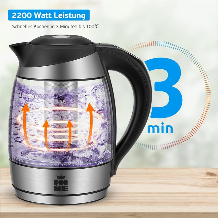ForMe Glas Wasserkocher 1,8 Temperatureinstellung Temperaturwahl 40°C-100°C Farbwechsel LED I BPA FR