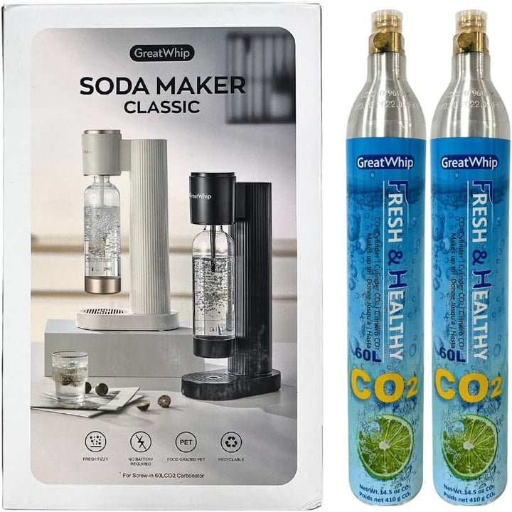 GreatWhip Wassersprudler Set – Soda-Maschine Weiss inkl. 2× 60 L CO2 Schraubzylinder + 1 L BPA-freie