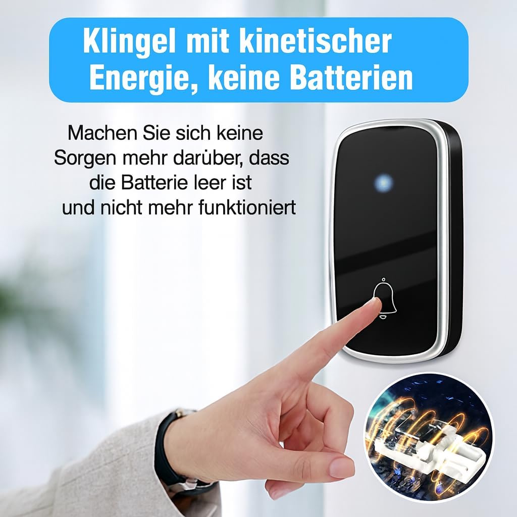 Haustürklingel Funk, Türklingel Funk Set, kabellos, ohne Batterie, Wasserdicht, mit 1 Plug-in-Empfän