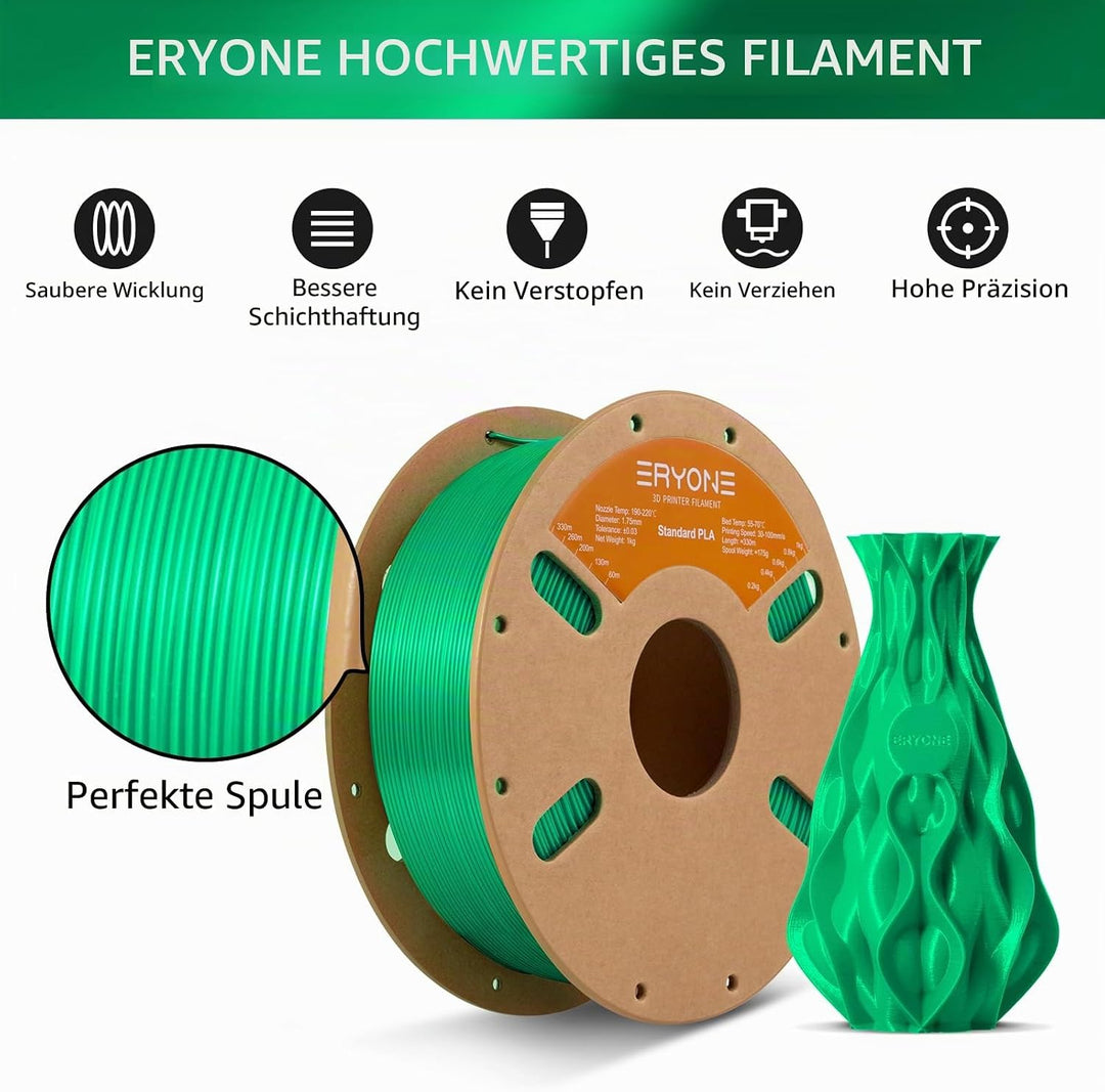 ERYONE PLA Filament 1.75 mm, 3D Drucker Filament PLA, Massgenauigkeit +/- 0,03 mm 1 kg/Spule, Grün A