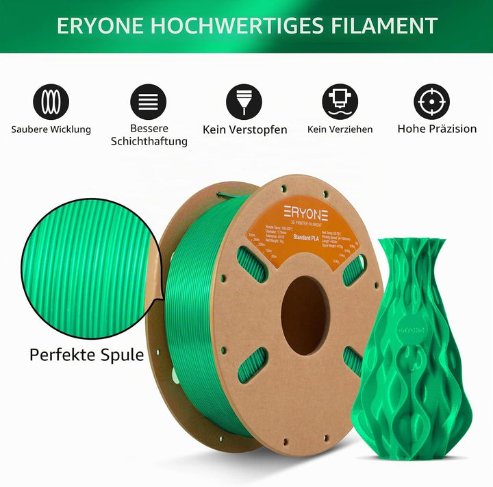 ERYONE PLA Filament 1.75 mm, 3D Drucker Filament PLA, Massgenauigkeit +/- 0,03 mm 1 kg/Spule, Grün A