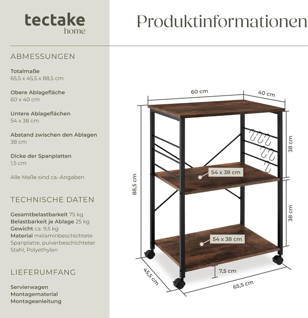 tectake® Industrial Servierwagen mit Rollen, Kücheninsel Küchenregal 3 Ablagen, Küchenschrank, Gewür