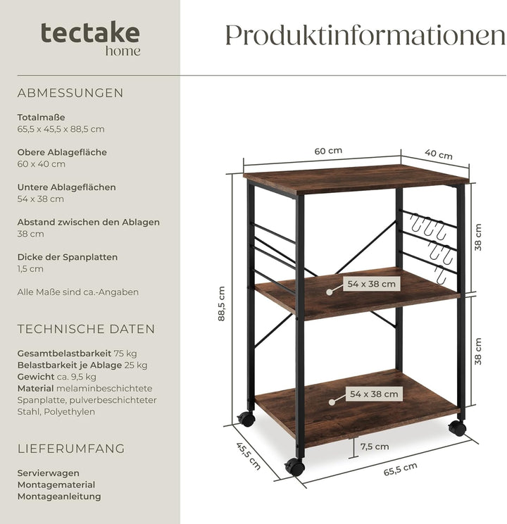 tectake® Industrial Servierwagen mit Rollen, Kücheninsel Küchenregal 3 Ablagen, Küchenschrank, Gewür