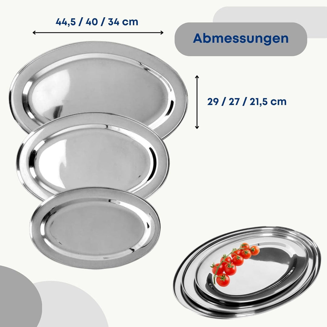 Servierplatte Servierteller Kellnertablett Serviertablett oval silbern aus Edelstahl 3 St.