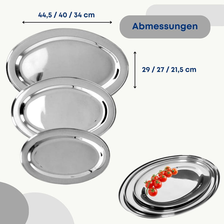 Servierplatte Servierteller Kellnertablett Serviertablett oval silbern aus Edelstahl 3 St.