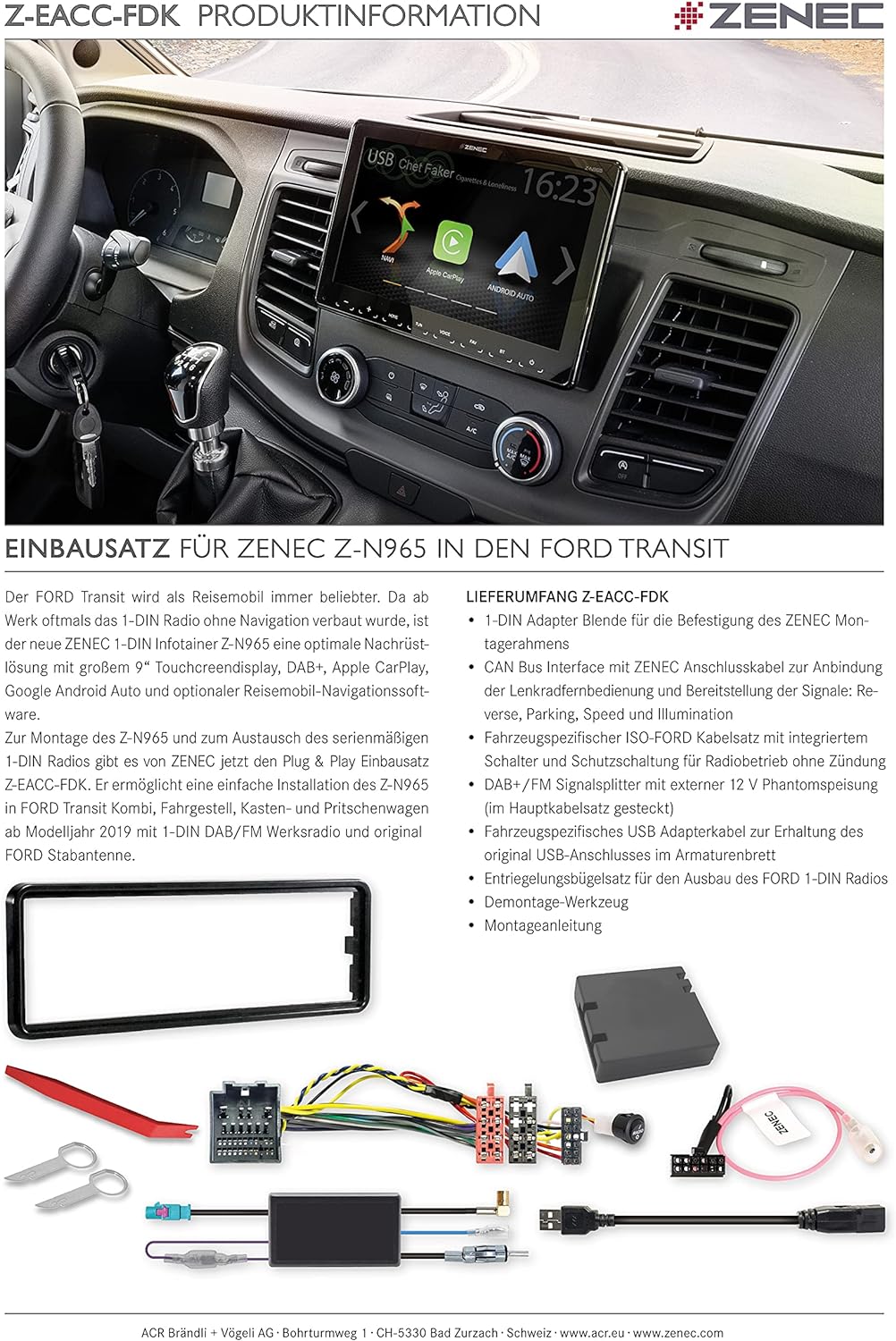 ZENEC Z-EACC-FDK: 1-DIN Plug & Play Einbauset für ZENEC Z-N965, kompatibel mit Ford Transit, enthält