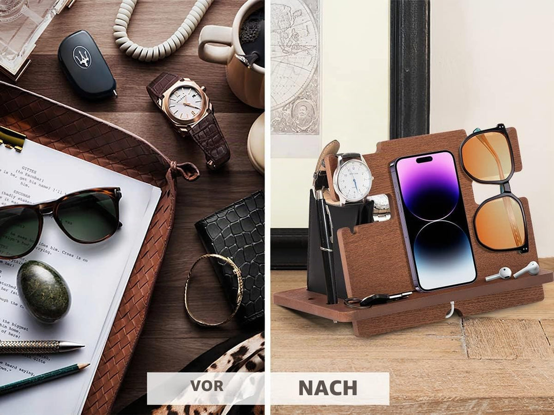 Geschenke für Männer Weihnachten Holz Telefon Dockingstation Uhren Schlüssel Geldbörsenständer Männe