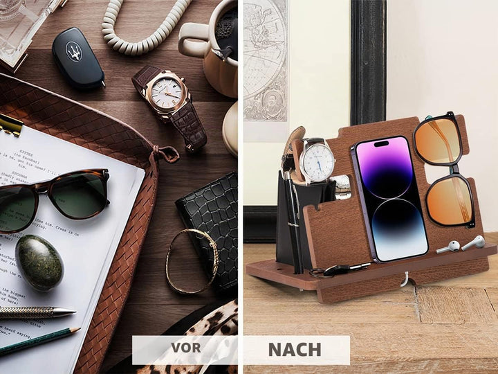 Geschenke für Männer Weihnachten Holz Telefon Dockingstation Uhren Schlüssel Geldbörsenständer Männe