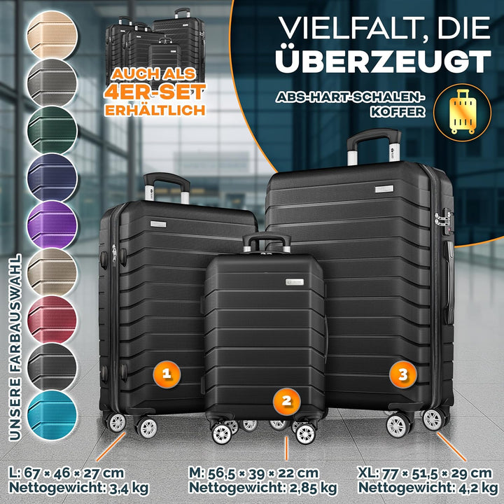 tillvex® Reisekoffer Set 3-TLG. + Gepäckwaage, 6X Koffergurte & 3X Kofferanhänger | Kofferset 4 Roll