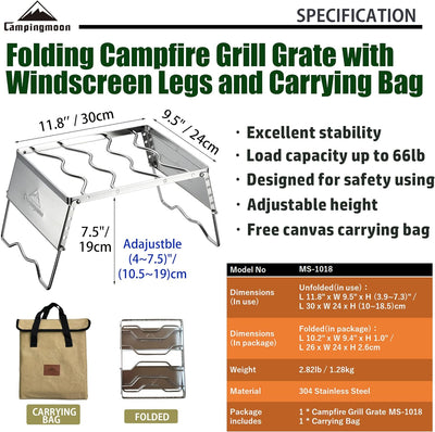 Campingmoon MS-1018 tragbarer Lagerfeuer-Grill aus 304 Edelstahl, für Dutch Oven Kochgeschirr mit Wi