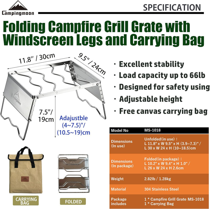 Campingmoon MS-1018 tragbarer Lagerfeuer-Grill aus 304 Edelstahl, für Dutch Oven Kochgeschirr mit Wi