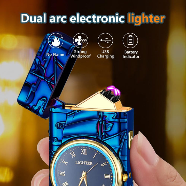 Elektrisches Feuerzeug mit Muster, Personalisierbar mit Uhr, Lichtbogen mit Batterieanzeige, Plasma