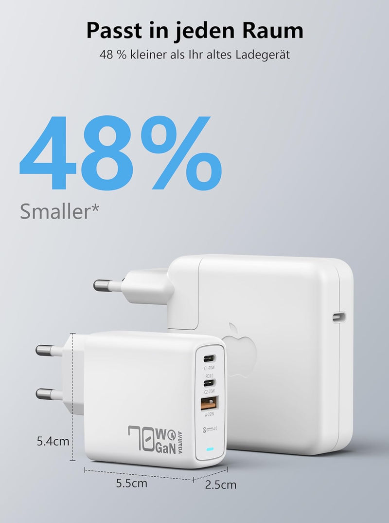 AVUMDA 70W USB C Ladegerät,3 Port USB C Netzteil GaN III Schnellladegerat kompatibel mit MacBook Pro