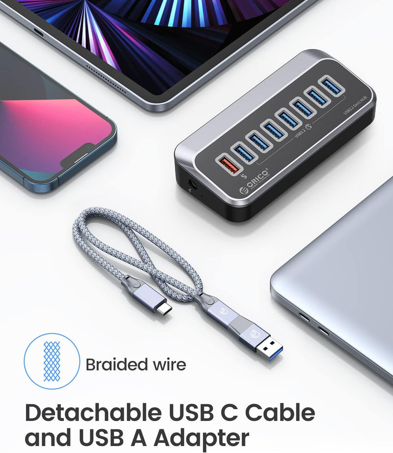 ORICO USB C Hub, 7 Port USB Hub 3.2 Gen 1, USB Verteiler 5Gbps Datenübertragung Port und einen Ladea