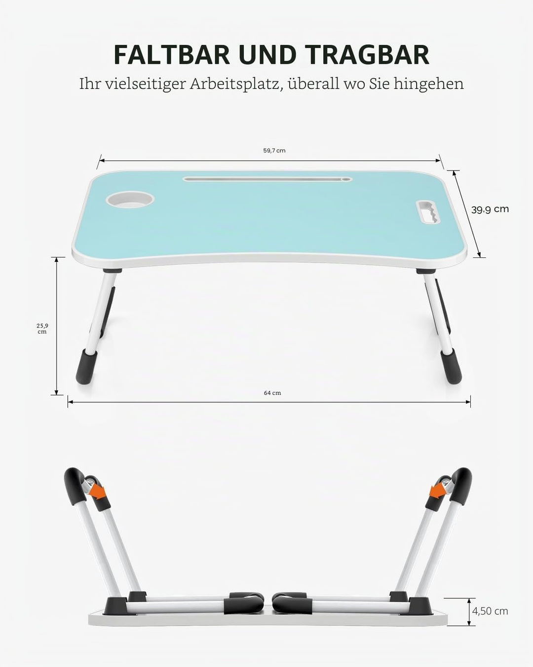 Faltbarer Laptoptisch, tragbarer Schossschreibtisch, Betttisch, Laptop-Ständer mit Getränkehalter &