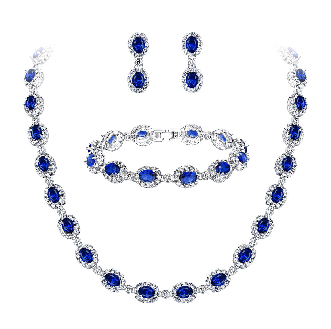 EVER FAITH Damen CZ Hochzeit Braut Oval Teardrop Halskette Ohrringe Armband Set Silber-Ton Blau Silb