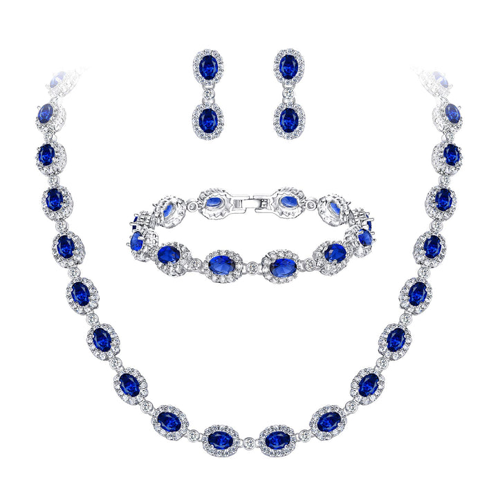 EVER FAITH Damen CZ Hochzeit Braut Oval Teardrop Halskette Ohrringe Armband Set Silber-Ton Blau Silb