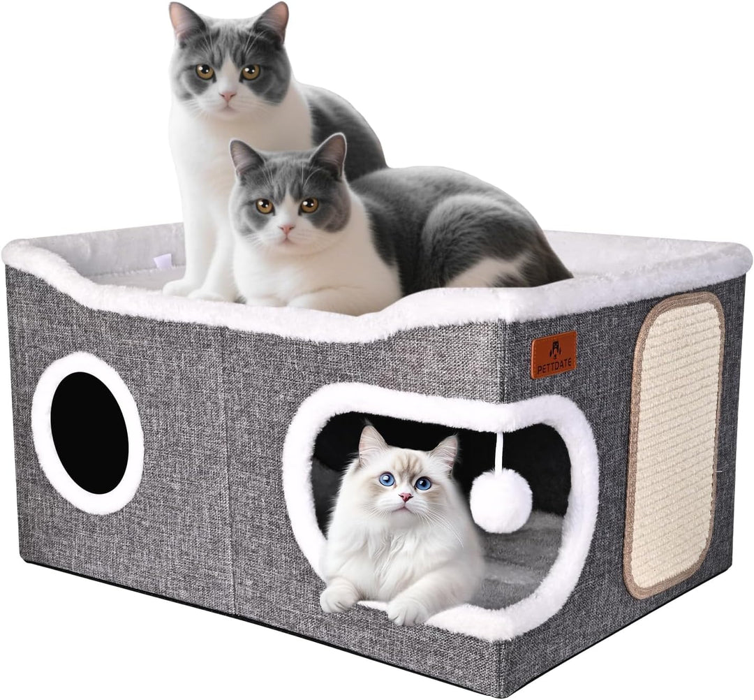 Extra Grosse Katzenhaus Indoor, 2-stöckige Kuschelhöhle mit Kratzbrett und Spielball, Katzenhöhle fü