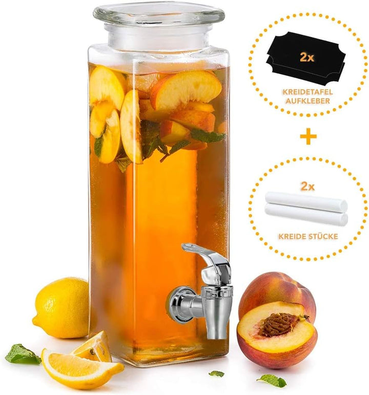 "Mary´s Kitchen Tools Eckiger Getränkespender 2,5 Liter aus Glas | mit Zapfhahn | Retro Wasserspende