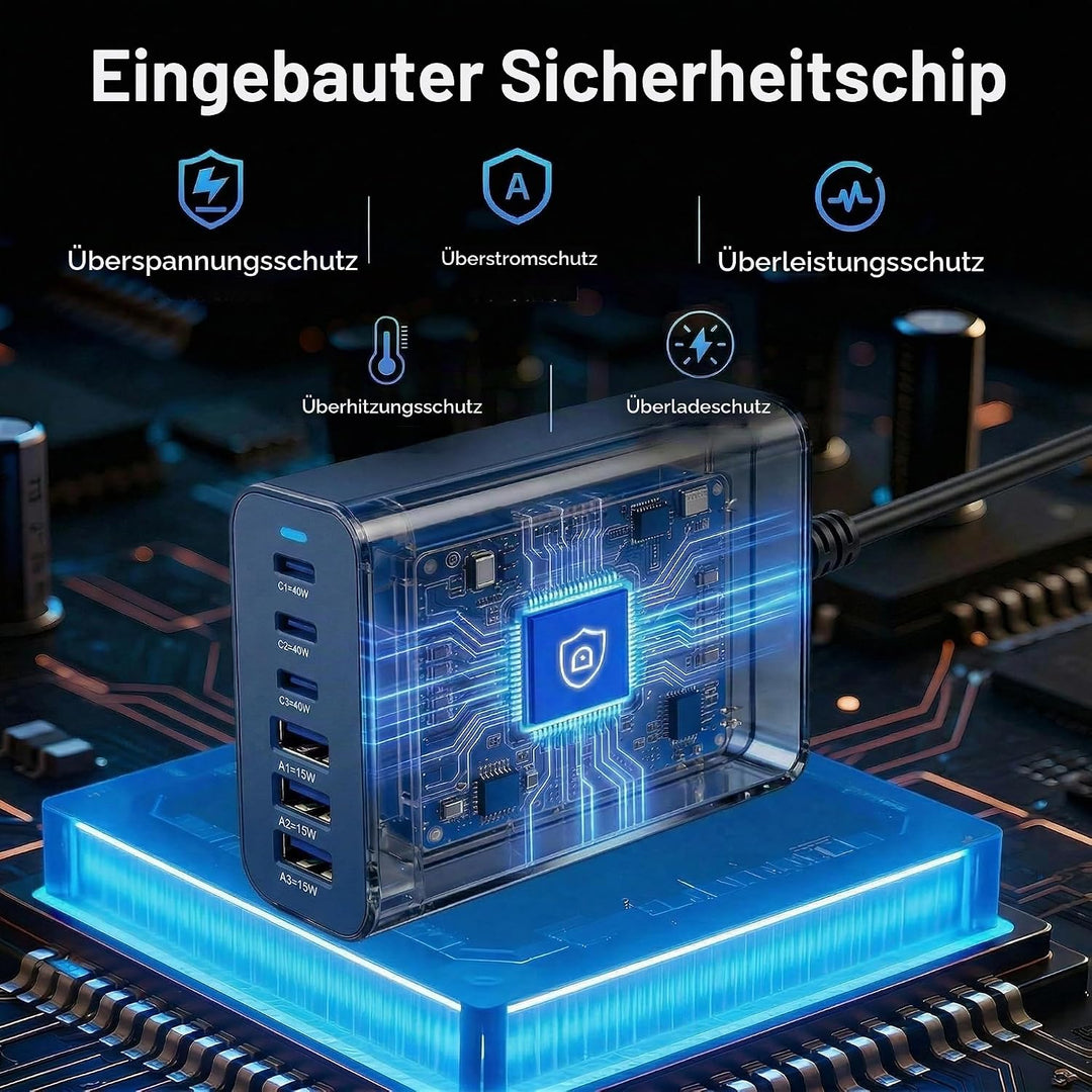 6 Ports Ladestation Schnellladegerät, 165W USB C Schnelllade Netzteil, PD Power GaN Ladegerät kompat