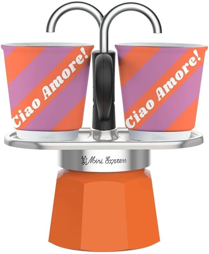 Bialetti Mini Express 2 Tassen | Kollektion Dolce Vita, Kaffeekanne Orange mit 2 Tassen