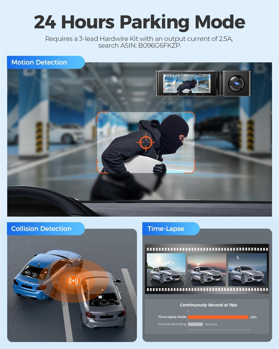 AZDOME 3 Lens Dashcam 1440P + 1080P + 1080P Auto Kamera mit WiFi, GPS, 4K Kamera vorne, Super Nachts