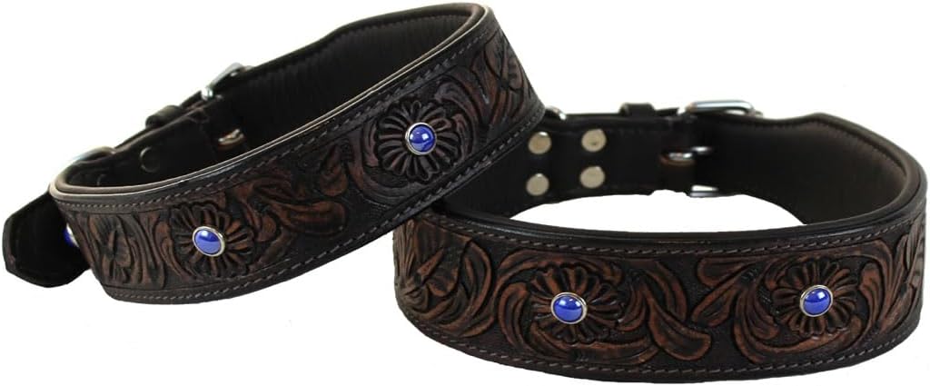 MICHUR Antonio Hundehalsband Leder, Lederhalsband Hund, Halsband, BRAUN, Leder, mit blauen Steinchen