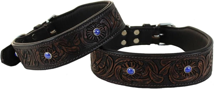 MICHUR Antonio Hundehalsband Leder, Lederhalsband Hund, Halsband, BRAUN, Leder, mit blauen Steinchen