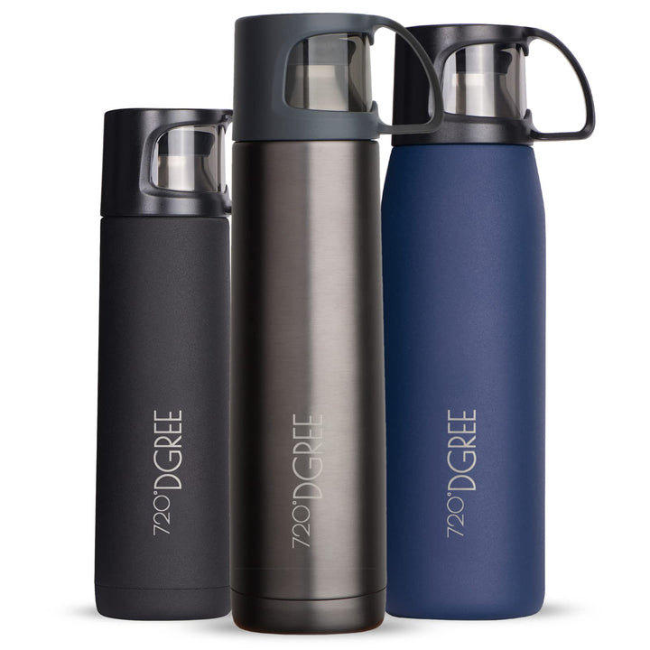 720°DGREE Thermoskanne mit Becher “Follow” - 450ml, 700ml, 1l - Auslaufsicher, BPA-Frei - Edelstahl