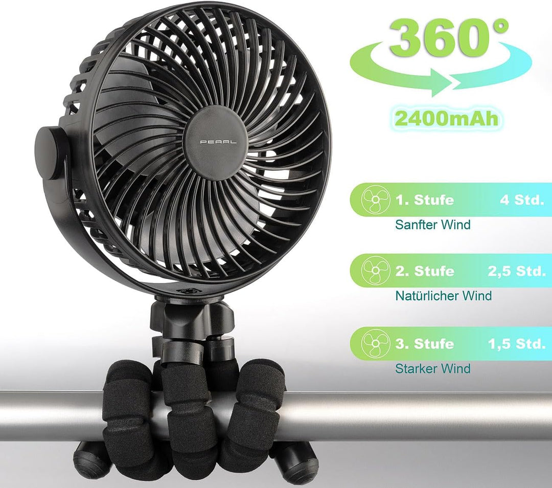 PEARL Kinderwagen Ventilator: 2er-Set 360°-Akku-Handventilatoren mit Stativ, 3 Geschwindigkeiten (Ge