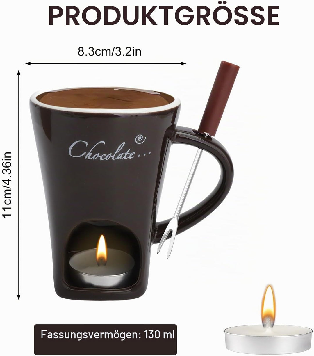2PCS Schokofondue Tasse Keramik 130ML Schoko Fondue Cup mit Teelichthalter und Gabeln Schokoladenfon