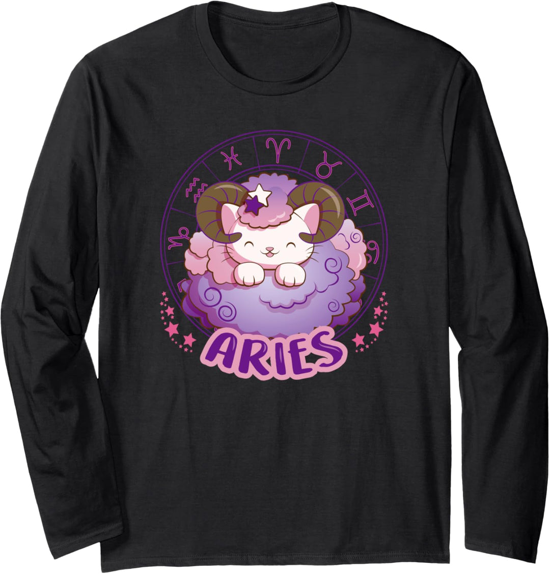 Kawaii Katze Tierkreiszeichen Widder Langarmshirt