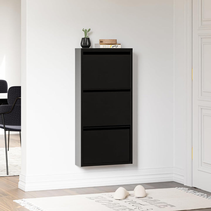 [en.casa] Schuhschrank Sokndal Schuhkipper Schwarz schmal Schuhkommode mit 3 Kippfächern Diele Flur