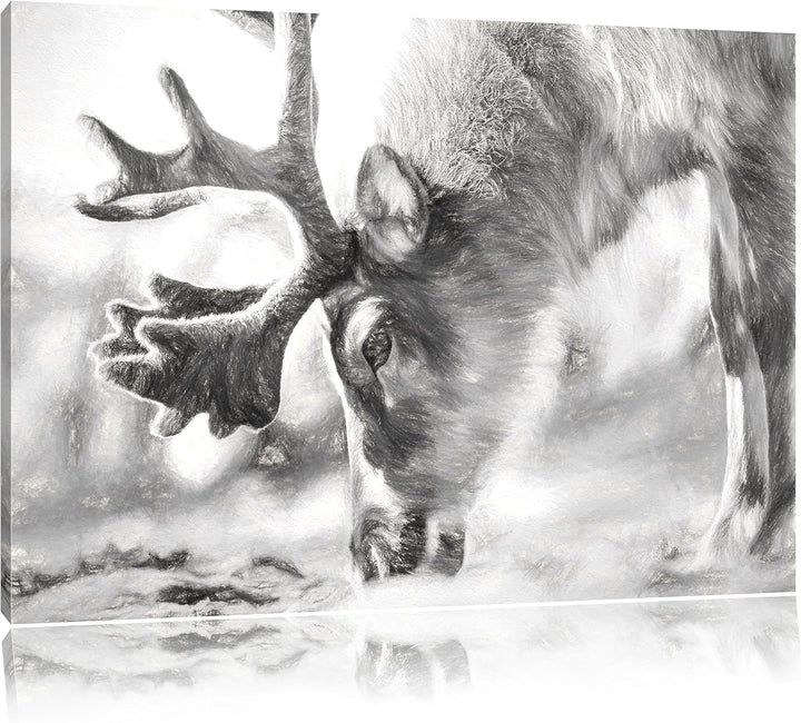 Pixxprint süsses Rentier beim Essen Kunst Kohle Effekt, Format: 100x70 auf Leinwand, 100x70