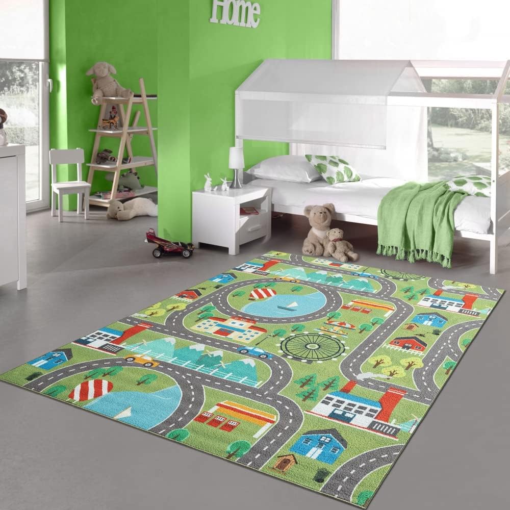 Teppich-Traum Kinder Spielteppich mit Stadtlandschaft auf Wiese in grün Grösse 100x200 cm 100 x 200