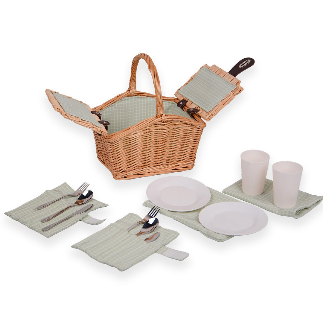 UNUS® Picknickkorb für Kinder rechteckig aus Weide grün mit Stoffauskleidung, Komplettset für 2 Pers